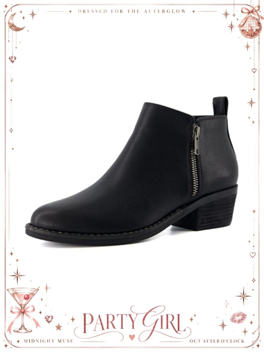 Women's Ankle Bootie Faux Leather Memory Foam Side Zipper Low Heel